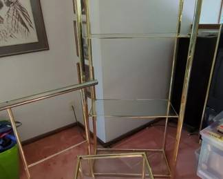 Gold Metal 3 Piece Set Of 4 Tier Glass Shelf, Blanket Rack, Squares Glass Table