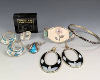 Silver Jewelry with Cloisonne, Enamel, Turquoise and Mother of Pearl Inlay