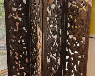 African Hand Carved Four Panel Wooden Room Screen