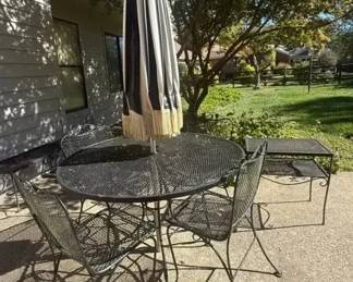 Wrought Iron Patio Table w Umbrella, 4 Chairs, and Side Table