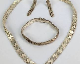 Sterling Silver Chevron Necklace, Bracelet And Earrings Set, Vintage