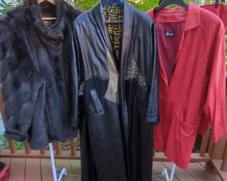 Vintage Fabulous Fur, Long Black Leather Swing Coat Red Leather Jacket W Skirt