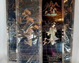 Four Black Lacquer Asian Panels