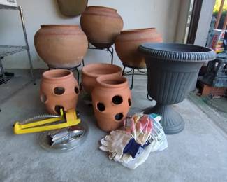 Collection Of Clay Garden Pots With Stands, Hens A Chickens Pits, Plastic Urn,, Gloves Etc.