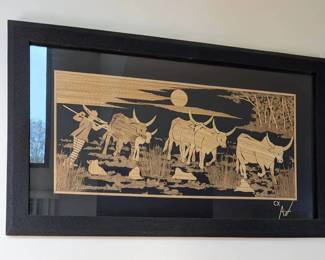 Handcrafted Chinese Cork And Bamboo Art Signed CX Art