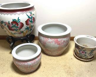 Chinese Fish Bowl Planter With Stand Plus Pink Planter Pair And Small Fish Bowl Planter