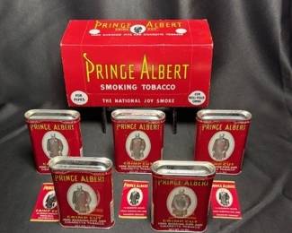 SET OF 5 UNOPENED PRINCE ALBERT TOBACCO TINS, ORIGINAL ROLLING PAPERS AND CARTON