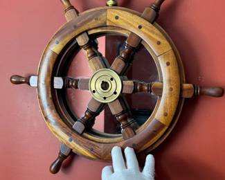 HERALDIC EAGLE, TEAK, BRASS AND MIRRORED SHIPS WHEEL