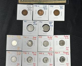 LARGE COLLECTION OF US COINS AND CURRENCY WITH SILVER COINS, COPPER COINS, BARBER, MERCURY, STANDING LIBERTY, INDIAN HEADS, WHEAT REVERSE, V-NICKELS AND STAR NOTE SILVER CERTIFICATE