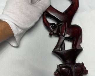 AFRICAN HAND CARVED LION AND ELEPHANT WALKING CANE