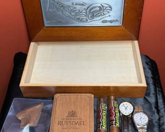 PEWTER INLAY WOODEN BOX WITH CIGARS, ARROWHEADS AND 2 TIMES QUARTZ WATCHES