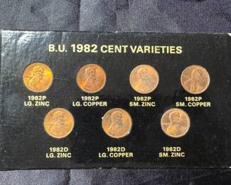 1982 ZINC, COPPER, LARGE AND SMALL DATE COMPLETE LINCOLN CENT VARIETIES COLLECTION