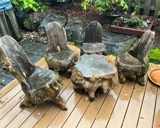 One of a kind burl wood coffee table and four chairs