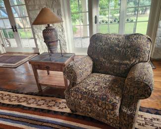 upholstered Lane recliner side chair, side table and lamp