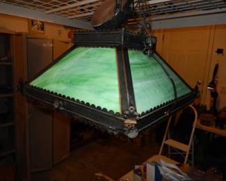 ANTIQUE MISSION/ARTS & CRAFTS SLAG GLASS HANGING LAMP WITH PERFECT GLASS NO CRACKS