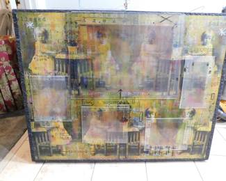 DIMENSIONAL MIXED MEDIA COLLAGE ABSTRACT TITLE"MEETING" BY LOCAL ARTIST.                               ORIGINAL COST $2,500.00        SIZE 42" X 32.5" X 4"