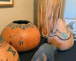 Gourd art, buffalo sculpture, Taos drum