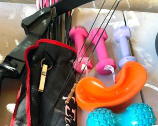 Bow + arrows, hand weights