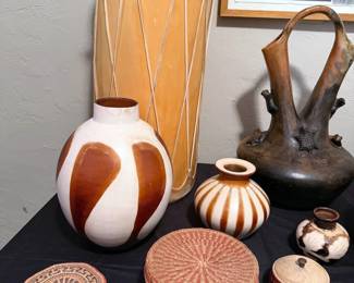 Taos drum, wedding vase, assorted ceramics + baskets
