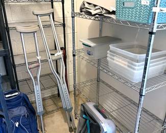 Shelving, crutches, storage bins