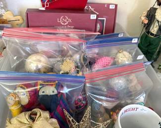 Holiday decor: Lenox ornaments in box, string lights, Nutcrackers (figures, music box, ornaments), assorted ornaments