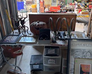 Household items, some modern arts sculptures, some more storage tubs, and pictures and warthog skull