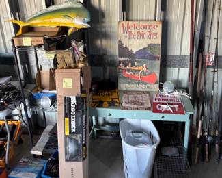 This is a warm out for decoration of a mahi-mahi animal trap live trap. There’s a hammock in the cardboard box. Really nice hammock. Couple decorative one from the free one is restaurant castaways in Port Aransas and then the other two are just a couple of surfing sign there is a temp with an Xbox and DVD player That you can’t see behind the cardboard box