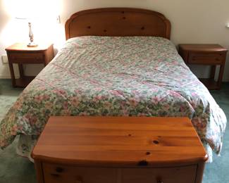 Queen frame w/ night stands, blanket chest and 6 drawer tall boy dresser
