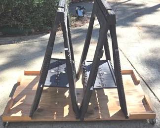 Pair Of Stanley Folding Sawhorses And Wooden Cart