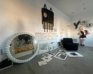Plaster mirror, slipper chair, lots of etchings, paintings and drawings 