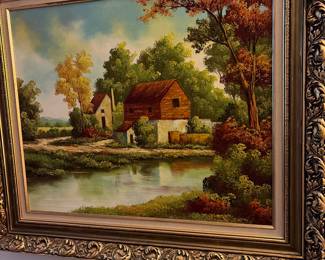 Classic mid-century landscape, oil, painting, showing a mill house and pond
