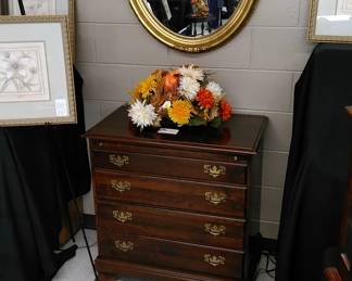5 drawer chest, gilded oval wall mirror