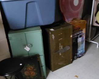 Vintage military trunk, wreath holders, etc.
