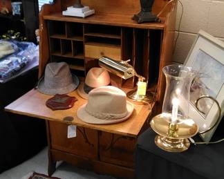 Oak drop front desk, men's hats, vintage balance scales.
