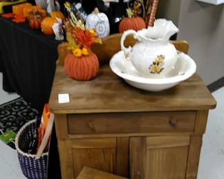 Antique wash stand, vintage bowl and pitcher, vintage stools