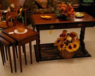 Drop leaf hall or sofa table, set of 3 leather top nesting tables