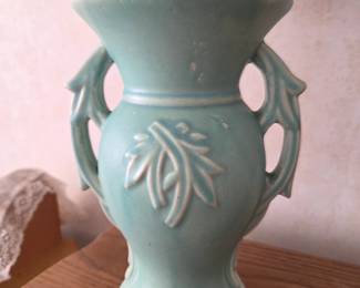 Vintage Aqua Ceramic Vase with Leaf Detail – Soft matte finish and sculpted side handles make this vase a standout accent, perfect for displaying flowers or as a charming standalone piece.