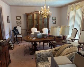 Dining table and 6 chairs , china cabinet, artwork and vintage lamps