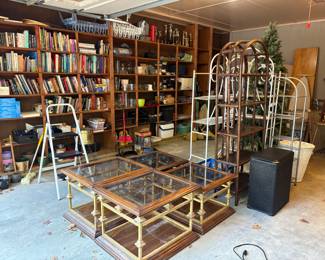 vintage tables and books, bamboo shelf
