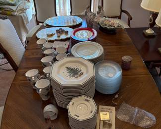 Christmas china and other sets, vintage linens for tables
