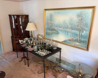 corner cabinet , crystal and china , CoCo Chanel type glass tables ?