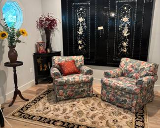 Floral club chairs by Temple $500.00 pair
37”w 32”d 31”t