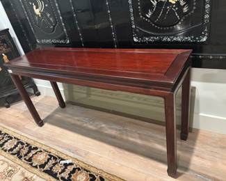 Rosewood Sofa Table from Hong Kong w smoked glass top protection $300.00
54”w 15”d 27” t