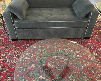 Blue Serta Dream convertible sofa/bed
$ 500.00. 66”w 36”d 39” t sofa
66”w 66” d 25” t bed
Round Glass Top coffee table on metal base $150.00. 39”dia. 15.5”t