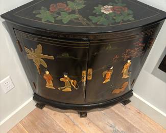 Asian corner unit Demi lune hand painted and mother of pearl inlay $265.00. 29.5”w 20.5”d 34” t