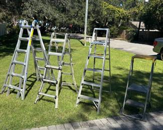 Ladders: step ladder $30, 6’ Aluminum $30, 10’ adjust gorilla $175.00, Werner 25’ adjust $250