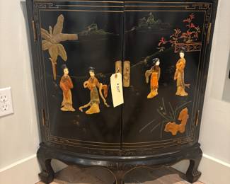 Asian corner unit Demi lune hand painted and mother of pearl inlay $265.00. 29.5”w 20.5”d 34” t