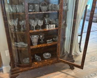 Antique Tiger Oak, claw feet, curved glass curio/china cabinet. $ 1,200.00
49.5”w 16”d 62.5”t
