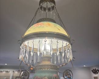 Antique hanging oil lamp $500.00
16”w 14” globe 40” ceiling to bottom