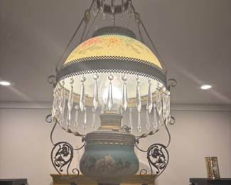 Antique hanging oil lamp $500.00
16”w 14” globe 40” ceiling to bottom